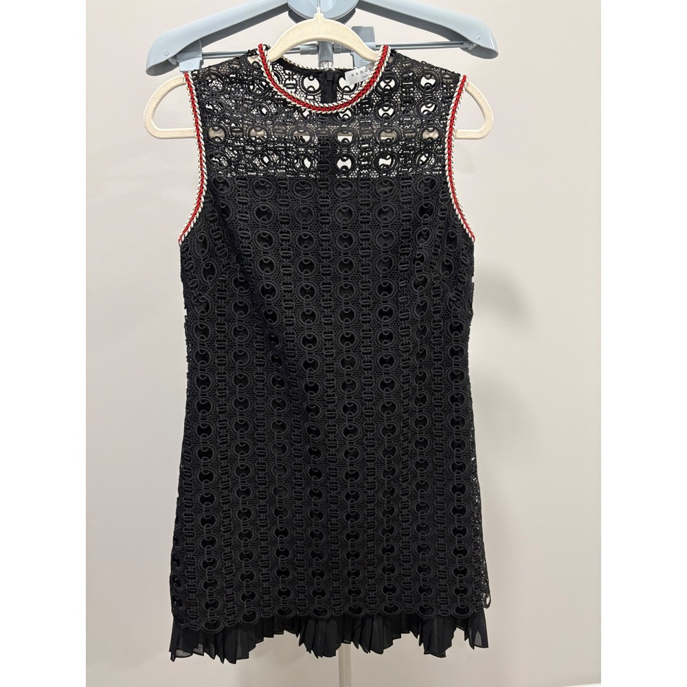 Sandro Guipure Dress Black Lace Overlay Sleeveless Red Gold Braided Size 38